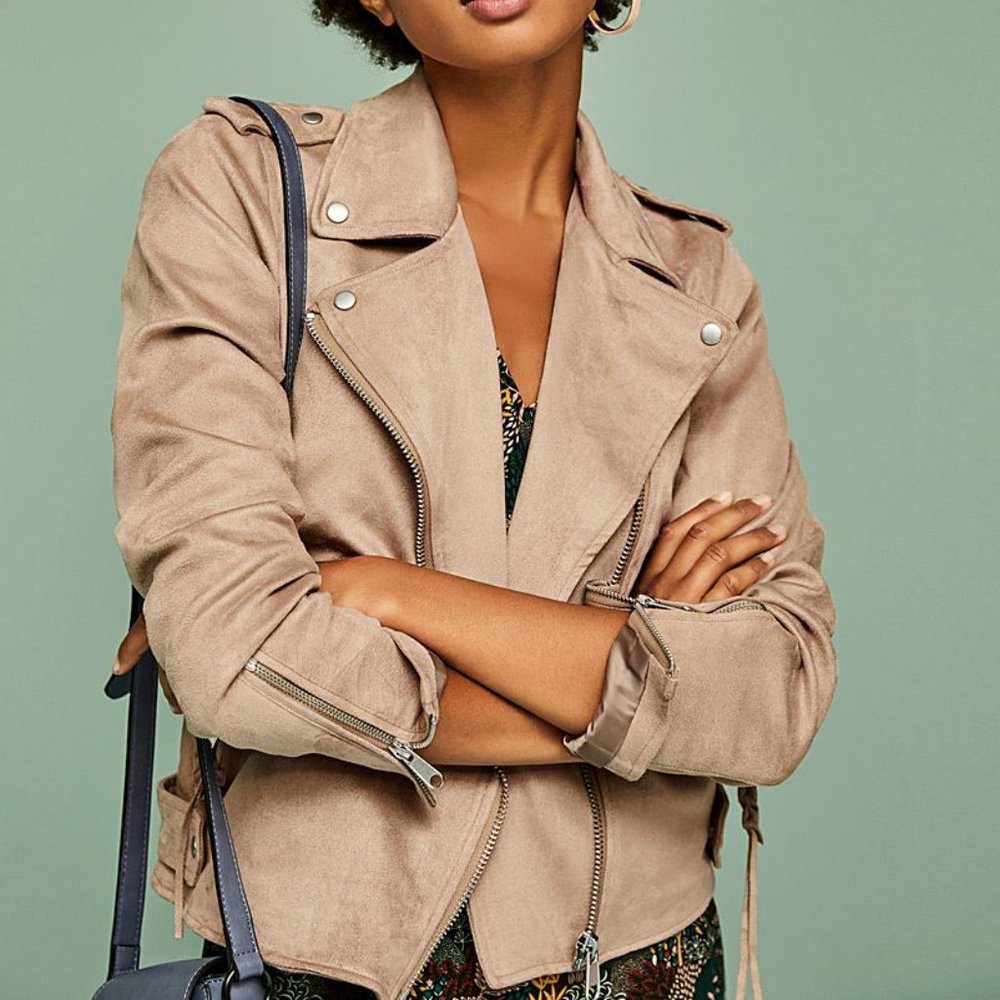 "nude" faux suede biker jacket.